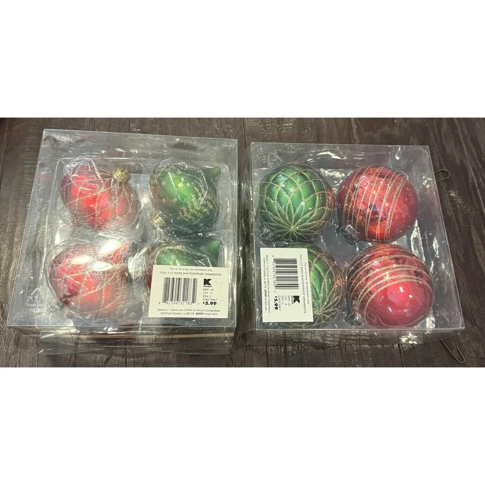 Sandra Lee 80mm Christmas Holiday Ornaments Red Green Shatterproof 8pc Set